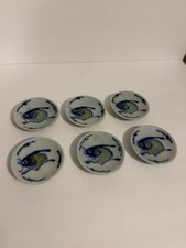 Set of 6 VTG Hand Painted Koi Carp Fish Sauce Dip Bowl White and Blue Chinese picture