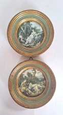 Vtg Italian Round Miniature Prints Gilt Sage Green Distressed Wood Frame Rococo picture