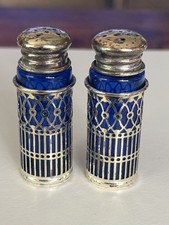 Vintage Cobalt Blue Glass Salt & Pepper Shakers Silver Tone Filigree Japan picture