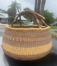 Large Handwoven Ghana Bolga Market Basket | Leather Handle | Boho Cottage Decor picture