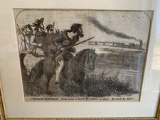 Framed 1875 newspaper, New York weekly grease lightning train, comical vintage picture