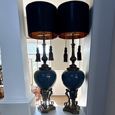 vintage Victorian Pair Blue Ceramic Table Lamps, Antique Bronze, Drum Shades picture