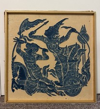 VINTAGE 1960'S MCM THAI TEMPLE RUBBING RICE PAPER RAMAKIEN WARRIOR BLUE ART WOW picture