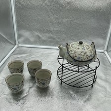 Pier 1 Tomoko Ceramic Floral Asian Tea Pot and Set of 4 Tea Cups with Stand picture
