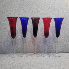 VTG Bohemia Czech Republic Champagne Flutes 5 Red Blue Purple Hand Blown Glass picture