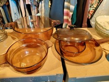 Vintage Visions Cookware Amber Glass Set Pans Lid 4 pieces picture