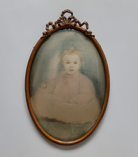 ANTIQUE VICTORIAN CONVEX GLASS METAL WALL PICTURE FRAME CHILD PORTRAIT picture