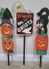 3 VTG 90s Halloween Impact Plastic Signs Yard Art Beware Of Ghost Black Cat Jack picture