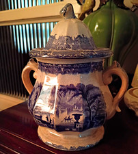19th Century Antique Victorian Blue Transferware Double Handled Sugar Bowl picture