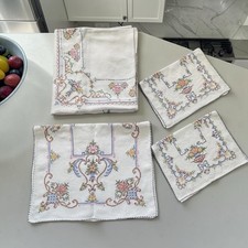 Vintage Hand Embroidered Cross Stitch Art Nouveau Tablecloth Runner Napkins Set picture