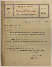 1909 ROBB & ROGERS INKS & VARNISHES TYPED LETTER PHILADELPHIA GRAY'S FERRY PRINT picture