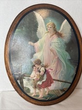 VTG Guardian Angel Children on Bridge Oval Wood Hanging Wall Frame Plaque 9x11 picture