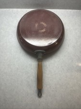 Vintage Bialetti Red Enameled Cast Iron 11” Skillet With Wooden Handle Italy picture