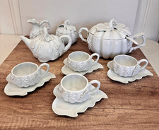 Fun 16-Piece White Ceramic Pumpkin Soup Tureen Teapot Cups Saucers Fall Harvest picture