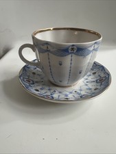 Vtg LOMONOSOV Russian Blue White Porcelain Teacup Saucer Set- FALLING HEARTS NET picture