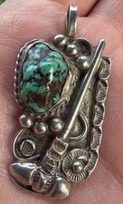 Vintage Art Lewis Choctaw Coin Silver Turquoise Tomahawk Motif Necklace Pendant picture