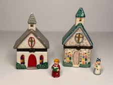 2 VTG Village Porcelain Hinged Trinket Boxes Cathedral Churches w Trinkets picture
