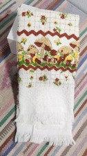 Vintage 1970s Terry Cloth Kitchen Towel Rare Mushroom Design w/Fringe Cotton USA picture