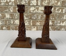 Rare Antique C.S. Paine Grand Rapids Carved Wood Candlesticks Arts & Crafts Pair picture