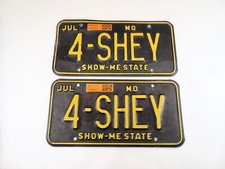 1990 Missouri Vanity License Plate Pair 4-SHEY Black Yellow Chevy Hot Rod Sign picture