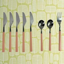 VTG Set of 8 Stainless Flatware Pink Plastic Handle Japan Knives Tea Spoon Forks picture