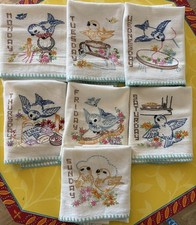 Vintage Set of 7 Days of Week Hand Embroidered Dish Tea Towel Birds Bluebirds picture