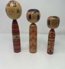 Vtg Japanese Kokeshi Wooden Doll Set Of 3 Painted Folk Art Mid Century Japan picture