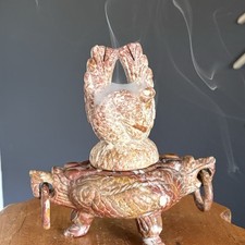 Vintage Large Hand Carved Soapstone 4 Dragon Censor Incense Burner picture
