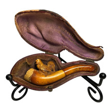 Antique Meerschaum Carved Chicken Pipe with Amber Mouthpiece (Original Case) picture