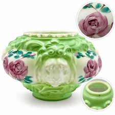 Vintage Consolidated Lion Head GWTW Lamp Base Puffy Green Milk Glass Roses picture