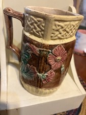 RARE Antique Majolica Pitcher English FOUR SIDED SQUARE TOP Round Bottom Floral- picture