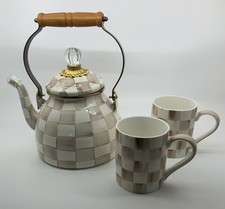 Mackenzie Childs New Mocha Check Enamel 2 Quart Tea Kettle & 2 Porcelain Mugs picture