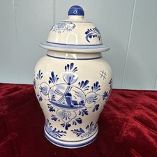 Charming Vintage Delft Style Blue & White Pottery Ginger Jar Vase  7 inch picture
