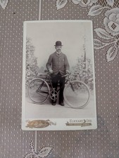 Antique Vintage Cabinet Photo Man in Bowler Hat with a Bicycle E M Mudge Elkhart picture