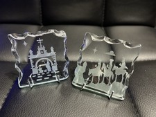 2x Etched Art Glass 3 kings Jesus Artist Signed Nativity Christmas Wisemen 2x2 picture