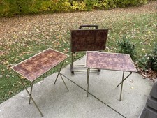 **Vintage MCM 4 Faux Wood Parquet Metal TV TRAY TABLES & ROLLING STAND picture