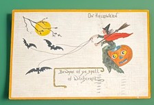 1914 Antique Halloween Postcard Leubrie Elkus No 7018 Embossed Witch Bats JOL picture