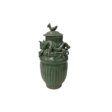 Vintage Oriental Dragon Motif Celadon Glaze Ceramic Art Jar GB881 picture