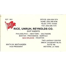 Math W Mathiasen Rice, Unruh, Reynolds & Co Metairie LA Vtg Business Card SD9-B9 picture