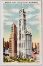 New York City New York NY Woolworth Building City Hall Park Postcard c1940s picture
