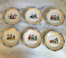 Set of 6 vintage Bavaria Porcelain kitten Plates Blue & Gold Rim Trim Decorative picture