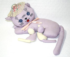 Vtg 80s Handmade Cat Nursing Kittens Plush Stuffed Animal Purple Gingham Bonnet picture