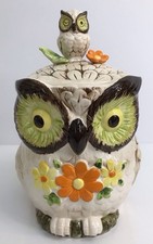 RARE Vintage Ceramic Owl and Winking Baby Cookie Jar Floral Accents picture