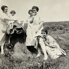 Antique B&W Snapshot Photograph Young Women Being Silly Affectionate Outside picture