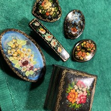 Vtg Russian Artisan Brooch Hair Piece Trinket Box Handpainted Signed Lot 6 Pc picture