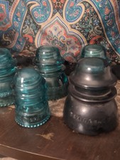 Five Vintage Heminggray Blue Glass Insulators picture