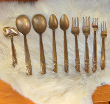 Tailand Brass Flatware Set Vintage Gold Tone Buddha 9 Pc picture