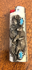 Vintage Sterling SILVER Turquoise With Bear Motif BIC Lighter Case Cover Nice picture