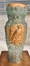 Antique 1920s Goofus Glass BIRD & FLOWERS Gold & Turquoise sprayed Vase 12