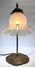 Vintage Lily Pad Brass Base Gooseneck Lamp w/ Frosted Ruffle Glass Shade 14” picture